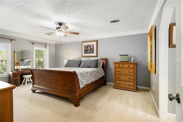 5396 Amhurst Dr, Peachtree Corners, GA 30092 - bedroom with light colored carpet, a ceiling fan, crown molding, and a textured ceiling