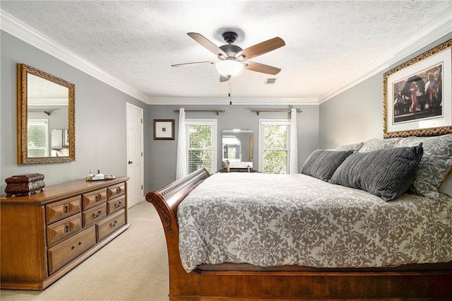 5396 Amhurst Dr, Peachtree Corners, GA 30092 - bedroom with light carpet, a textured ceiling, ornamental molding, and a ceiling fan