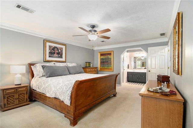 5396 Amhurst Dr, Peachtree Corners, GA 30092 - bedroom with light colored carpet, arched walkways, ornamental molding, connected bathroom, and a ceiling fan