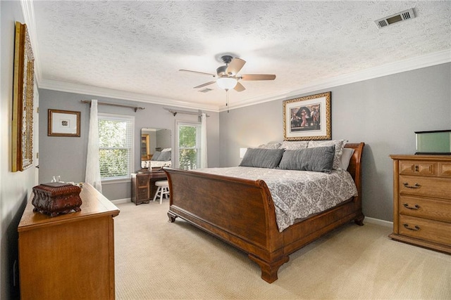 5396 Amhurst Dr, Peachtree Corners, GA 30092 - bedroom featuring light colored carpet, crown molding, ceiling fan, and a textured ceiling