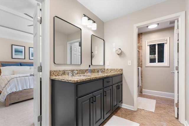 bathroom featuring ceiling fan, tile patterned floors, vanity, and a shower with shower door