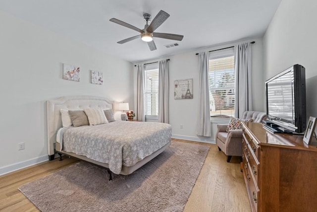 bedroom with a ceiling fan, baseboards, visible vents, and light wood-type flooring