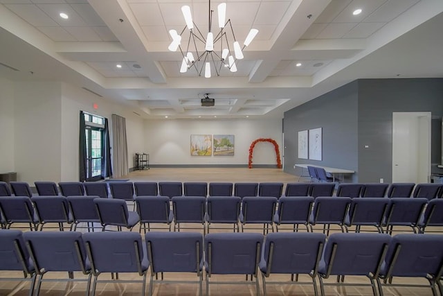 cinema featuring recessed lighting, beamed ceiling, coffered ceiling, and a notable chandelier