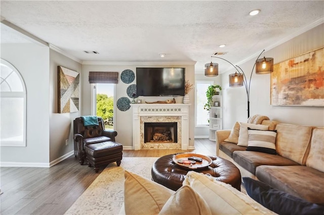 living room with a textured ceiling, wood-type flooring, a fireplace, and crown molding