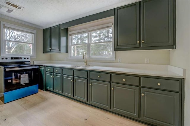 4131 Carroll St, Covington, GA 30014 - kitchen featuring stainless steel electric range, green cabinets, plenty of natural light, a textured ceiling, and ornamental molding
