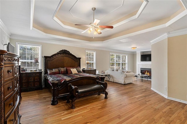 bedroom featuring ceiling fan, light hardwood / wood-style floors, multiple windows, and a tray ceiling