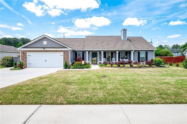 ranch-style house with concrete driveway, a front lawn, covered porch, an attached garage, and fence