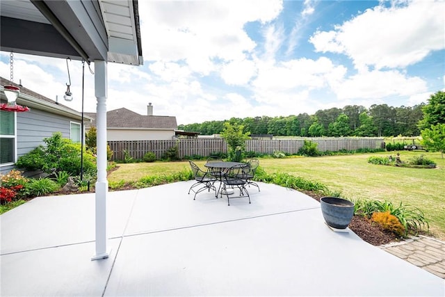 view of patio featuring a fenced backyard and outdoor dining area