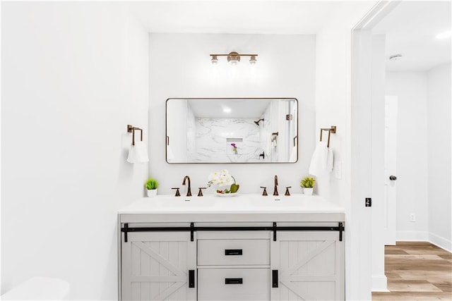 bathroom featuring hardwood / wood-style floors, vanity, and walk in shower