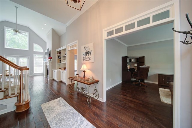 4645 Waterford Dr, Suwanee, GA 30024 - entrance foyer featuring high vaulted ceiling, wood-type flooring, baseboards, crown molding, and ceiling fan