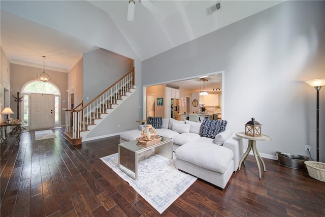 4645 Waterford Dr, Suwanee, GA 30024 - living area featuring stairway, high vaulted ceiling, hardwood / wood-style floors, baseboards, and ceiling fan