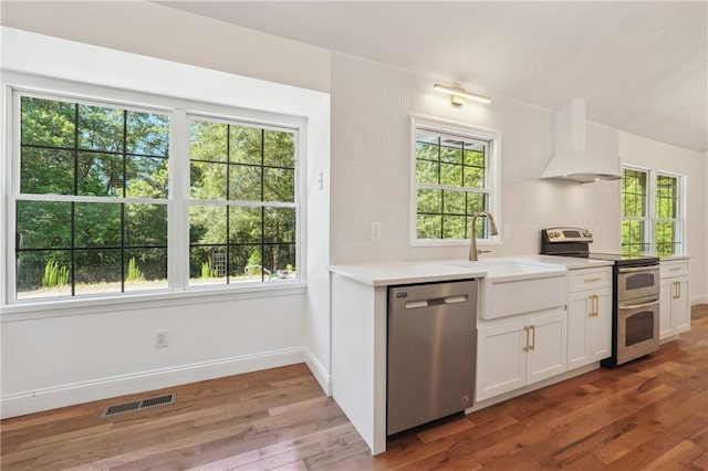 kitchen with sink, appliances with stainless steel finishes, white cabinetry, light hardwood / wood-style floors, and wall chimney exhaust hood