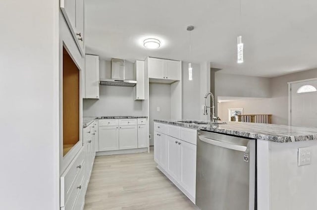 1382 Bennett Rd, Grayson, GA 30017 - kitchen with dishwasher, wall chimney range hood, a sink, light wood-style floors, and white cabinets