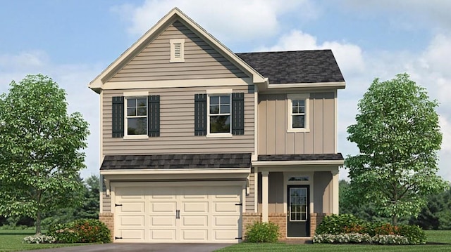 885 Lost Creek Blvd, Dallas, GA 30132 - view of front facade with driveway, brick siding, board and batten siding, an attached garage, and a shingled roof