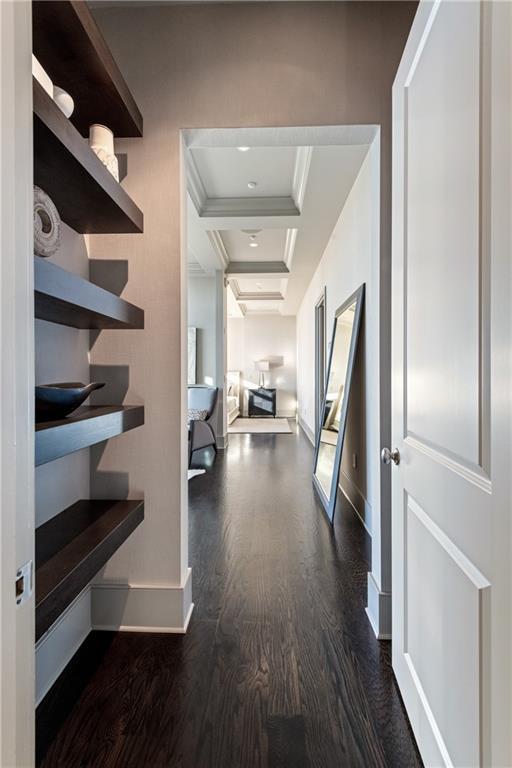 hall featuring ornamental molding and dark wood-type flooring