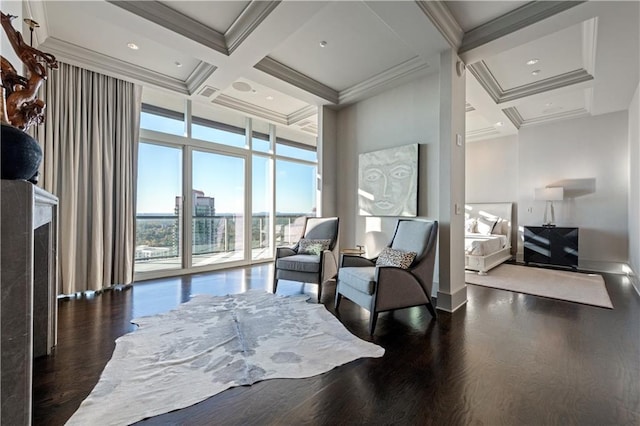 bedroom with crown molding, a towering ceiling, beam ceiling, dark hardwood / wood-style floors, and coffered ceiling