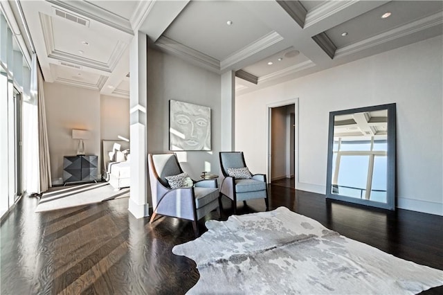 bedroom featuring coffered ceiling, dark wood-type flooring, ornamental molding, and beamed ceiling