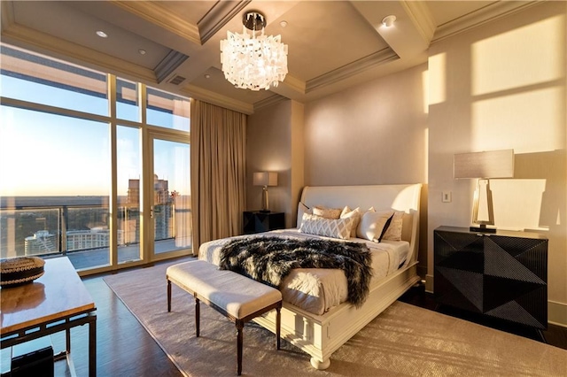 bedroom with coffered ceiling, hardwood / wood-style flooring, access to outside, and ornamental molding