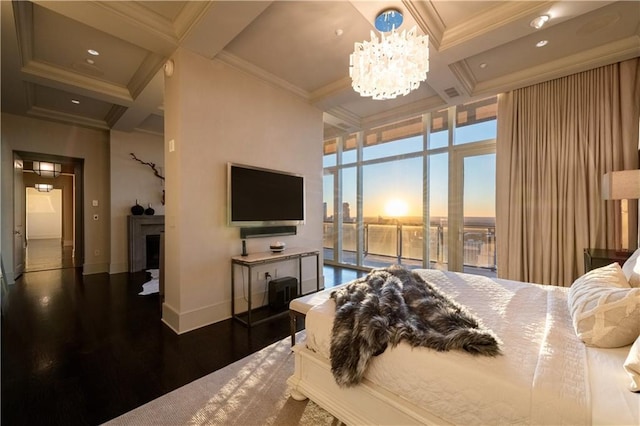 bedroom with beam ceiling, crown molding, coffered ceiling, and dark hardwood / wood-style flooring