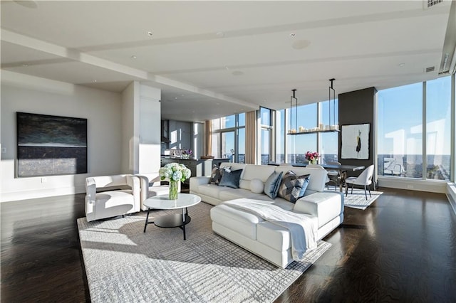 living room featuring dark wood-type flooring