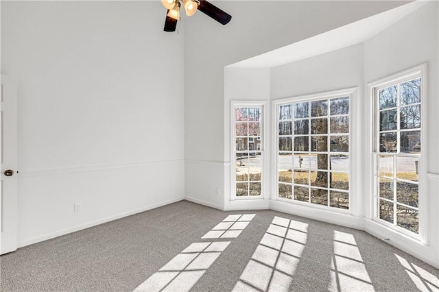 unfurnished room with ceiling fan, carpet, and a wealth of natural light