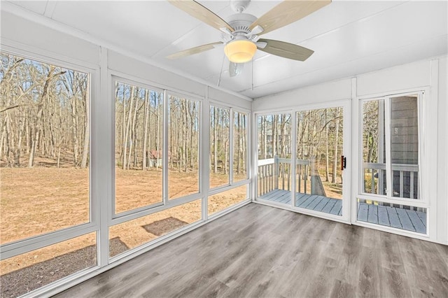 unfurnished sunroom with ceiling fan