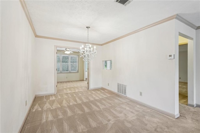 unfurnished dining area with visible vents, ornamental molding, and carpet flooring