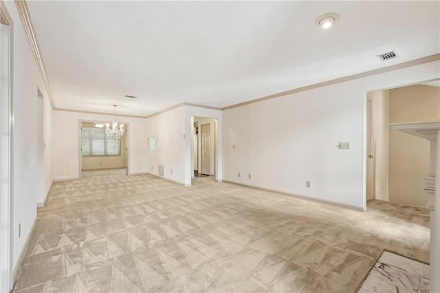 unfurnished living room featuring crown molding, a notable chandelier, visible vents, and light carpet