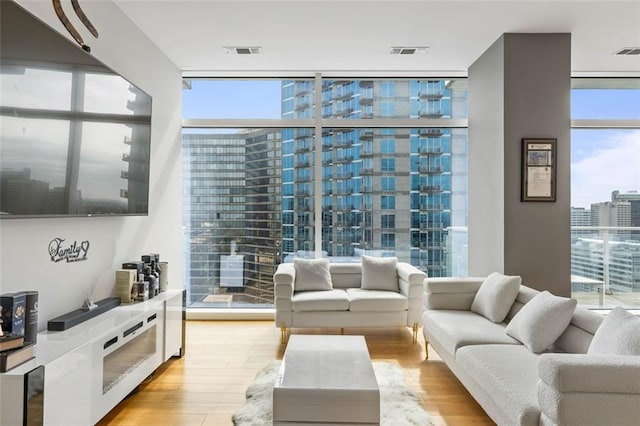 interior space with expansive windows, light hardwood / wood-style floors, and a healthy amount of sunlight