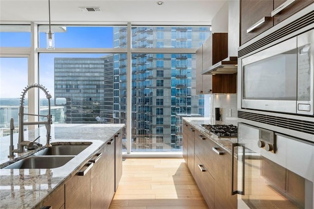 kitchen with decorative light fixtures, light hardwood / wood-style flooring, stainless steel appliances, sink, and light stone counters