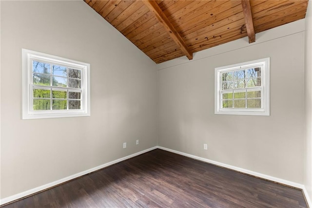 unfurnished bedroom with wooden ceiling, baseboards, dark wood-style floors, and beam ceiling