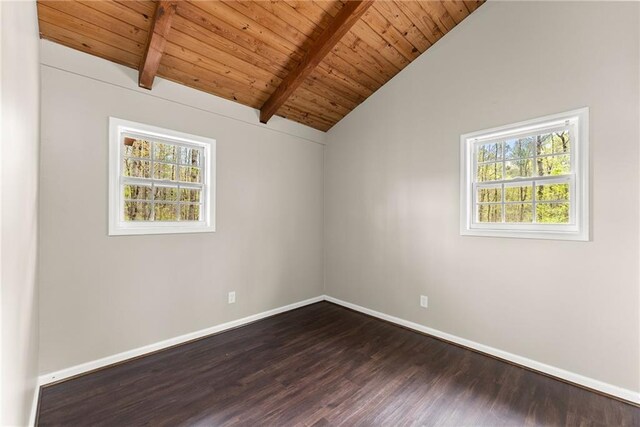 unfurnished bedroom featuring wooden ceiling, wood finished floors, baseboards, and beam ceiling