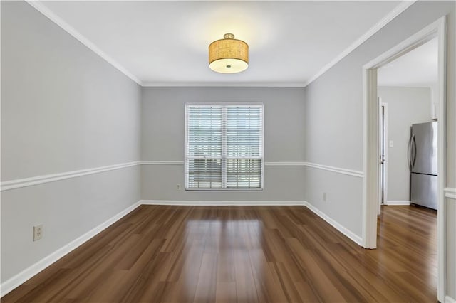 unfurnished dining area featuring dark wood-type flooring and ornamental molding