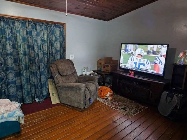 living room with wood ceiling and wood-type flooring
