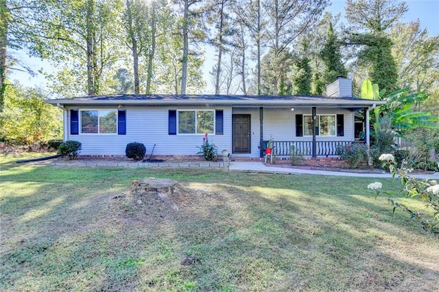 single story home with a front yard and a porch