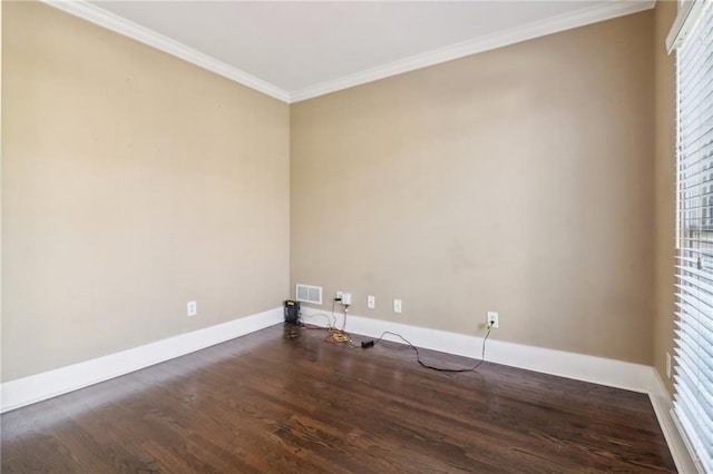 unfurnished room with dark hardwood / wood-style flooring and ornamental molding