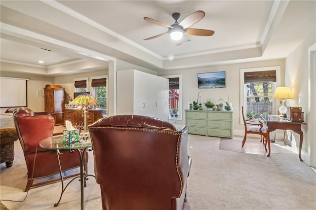 interior space featuring light colored carpet, a raised ceiling, and ceiling fan