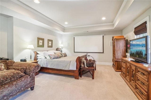 carpeted bedroom with a raised ceiling