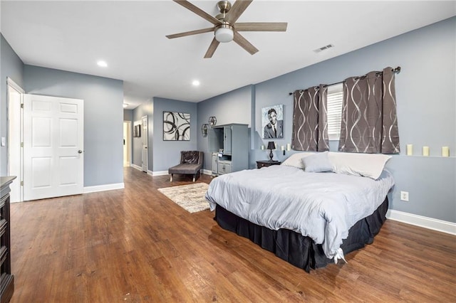 bedroom featuring recessed lighting, baseboards, visible vents, ceiling fan, and wood finished floors