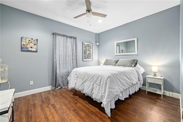 bedroom with recessed lighting, baseboards, ceiling fan, and wood finished floors