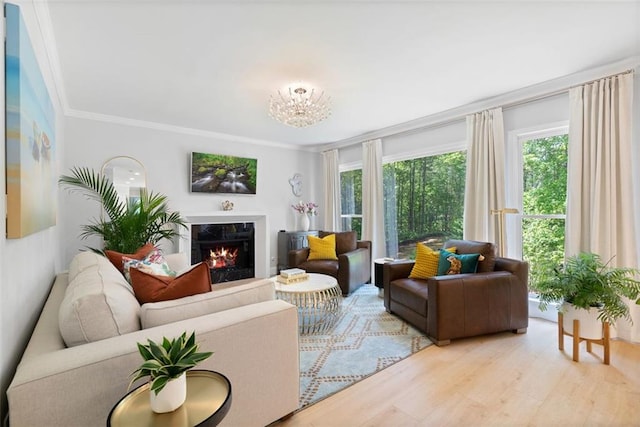 1661 Duxbury Ln NW, Kennesaw, GA 30152 - living area with a premium fireplace, wood finished floors, ornamental molding, and a chandelier