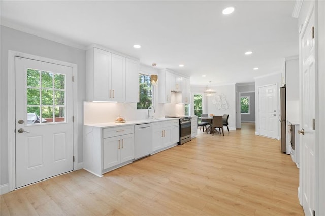 1661 Duxbury Ln NW, Kennesaw, GA 30152 - kitchen featuring white dishwasher, electric stove, ornamental molding, white cabinets, and light wood-type flooring