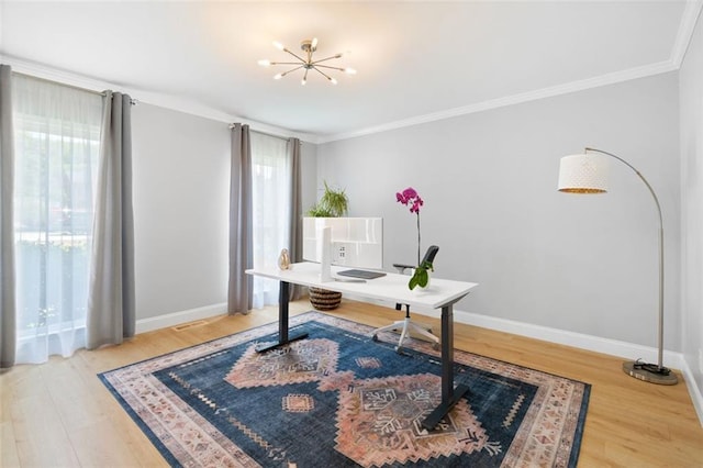 1661 Duxbury Ln NW, Kennesaw, GA 30152 - office featuring wood finished floors, crown molding, a chandelier, and baseboards