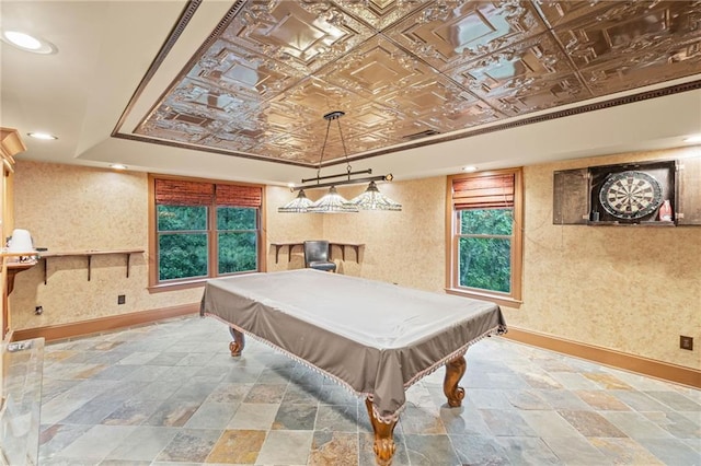 4842 Registry Dr NW, Kennesaw, GA 30152 - playroom with baseboards, stone finish floors, billiards table, and an ornate ceiling