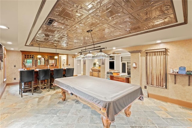 4842 Registry Dr NW, Kennesaw, GA 30152 - rec room featuring pool table, baseboards, light stone finish flooring, an ornate ceiling, and bar