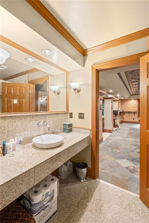 4842 Registry Dr NW, Kennesaw, GA 30152 - bathroom with ornamental molding, tasteful backsplash, baseboards, and vanity
