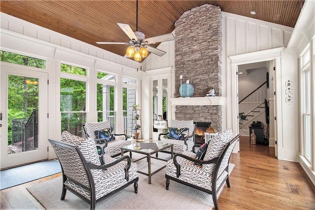 8901 Watkins Mill Rd, Winston, GA 30187 - sunroom / solarium with wood ceiling, wood finished floors, high vaulted ceiling, and french doors