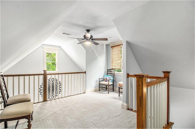 8901 Watkins Mill Rd, Winston, GA 30187 - living area featuring ceiling fan, vaulted ceiling, carpet, and an upstairs landing
