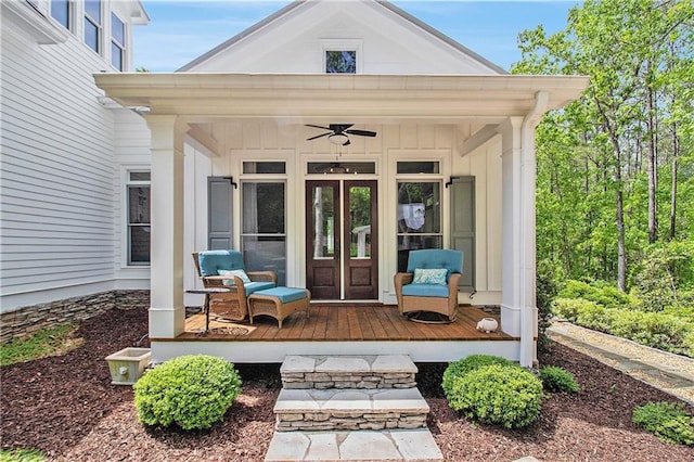 8901 Watkins Mill Rd, Winston, GA 30187 - property entrance with board and batten siding and a ceiling fan