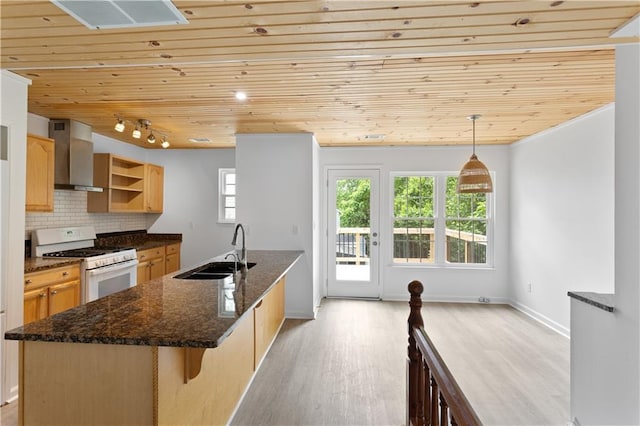 2025 Oakley Trce SE, Smyrna, GA 30080 - kitchen featuring white gas range, a sink, wall chimney range hood, wooden ceiling, and healthy amount of natural light